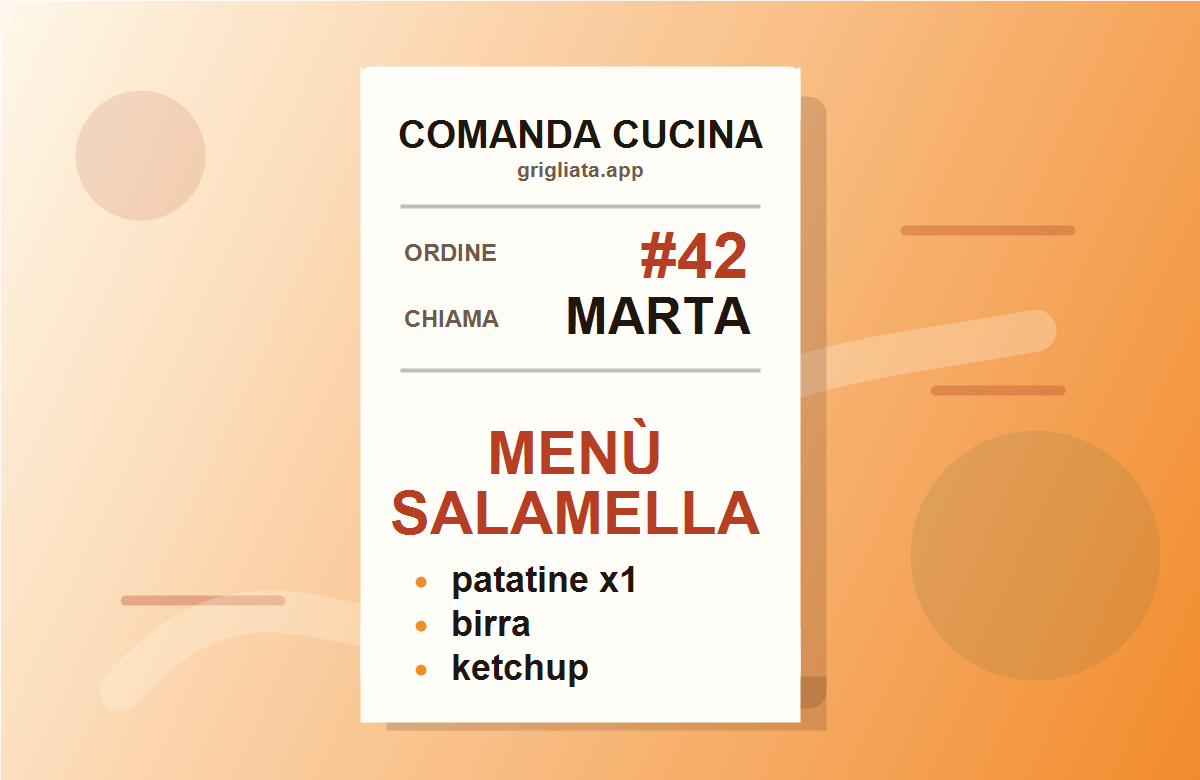 Comanda cucina con ordine 42 per Marta: menù salamella, patatine x1, birra e ketchup